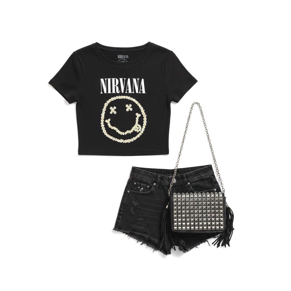 Nirvana Cropped Baby Tee Black Daisy Smiley Face Y2K Grunge Top‎ M
